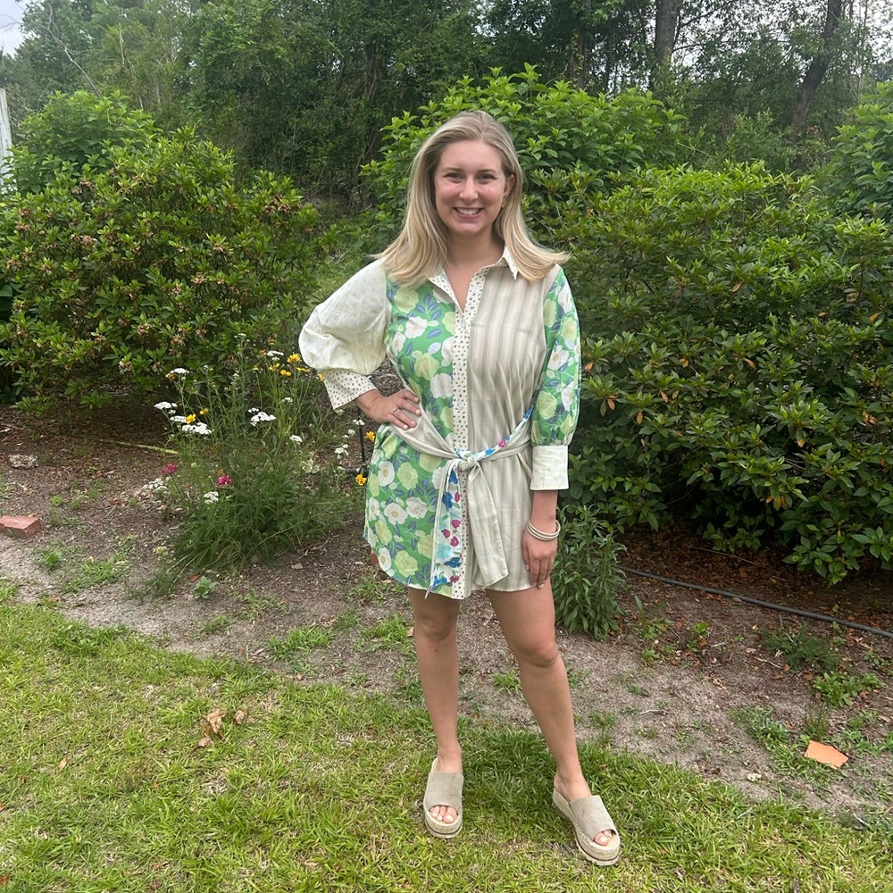 Floral Green and White Button-Up Dress nwt